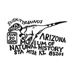 Tyrannosaurus Rex SUSKITYRANNUS HAZELAE on commemorative postmark of Arizona Museum of Natural History, USA 2019
