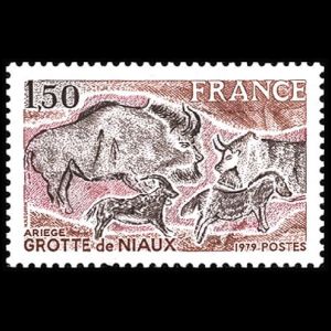 Prehistoric paintings of Bison priscus on stamp of France 1979
