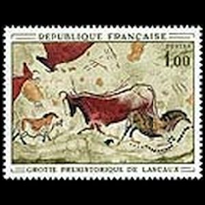 Cave painting of prehistoric animals on stamp of France 1968