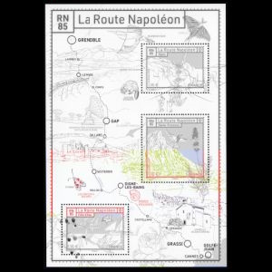 Ammonite in the middle of Souvenir-Sheet with the Route Napoléon stamps of France 2023