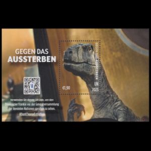 Therapod dinosaur on the Don’t Choose Extinction stamp of UN, Austria 2023