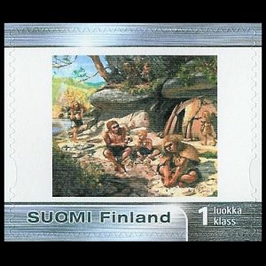 Group of Neanderthals on personalized stamps of Finland 2004