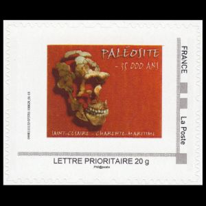Neanderthal skull female at St.-Césaire in the Department of Charente-Maritime on personalized stamp of France 2011
