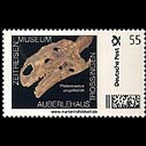 fossil of Plateosaurus engelhardti dinosaur from collection of Trossingen Auberlehaus Museum on personalized stamp of Germany 2010