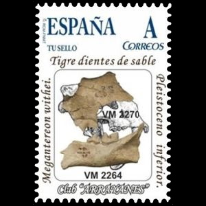 A jaw of Saber-toothed tiger Megantereon whitei on personalized stamps of Spain 2015