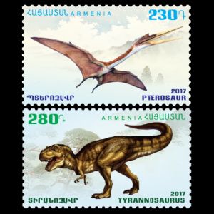 Tyrannosaurus and Pterosaur on stamp of Armenia 2017