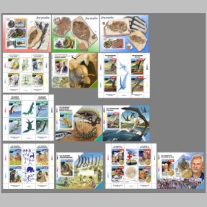 Fossils and reconstructions of dinosaurs and other prehistoric animals on stamps of Chad 2022