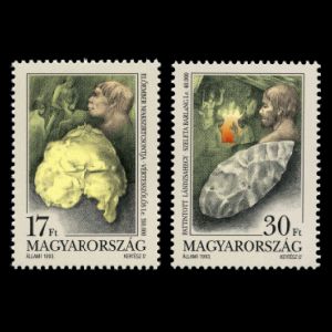 Reconstruction and fossil of  Homo erectus on stamps of Hungary 1993