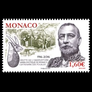 Prince Albert I, flint tool and goat fossil on stamp of Monaco 2016