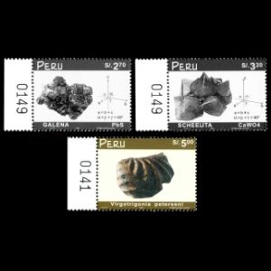 Fossil bivalve Virgotrigonia peterseni and minerals in Geology in Peru stamps of Peru 1999