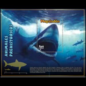 Prehistoric marine animal: megalodon on stamp of Peru 2023