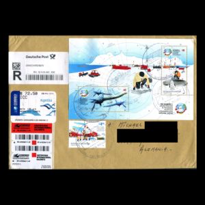 Paleontologist and plesiosaurus on circulated cover from Argentina 2014