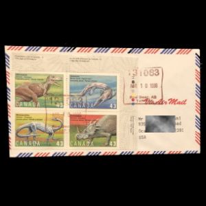 Dinosaurs and marine reptile stamps of Canada 1993 on used cover