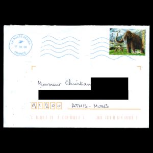 Prehistoric animal stamp on circulated letter of France 2008