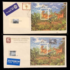 Some circulated letters with dinosaurs Souvenir-Sheets of  New Zealand 1993