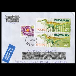 Dinosaurs on stamps of Poland 2025 on cover to Germany