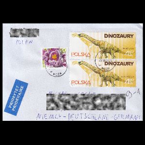 Dinosaurs on stamps of Poland 2025 on cover to Germany