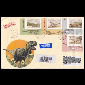 Prehistoric animals stamps of Romania 2016 on a letter mailed in 2026 to Germany