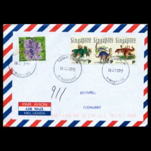 Dinosaur stamps of Singapore from 1998 on a letter to Germany
