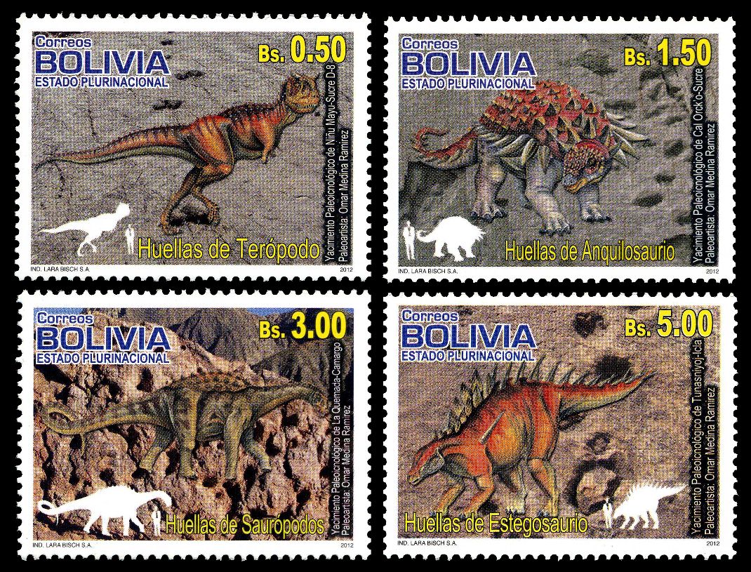 Dinosaur and their footprint on stamp of Bolivia 2012