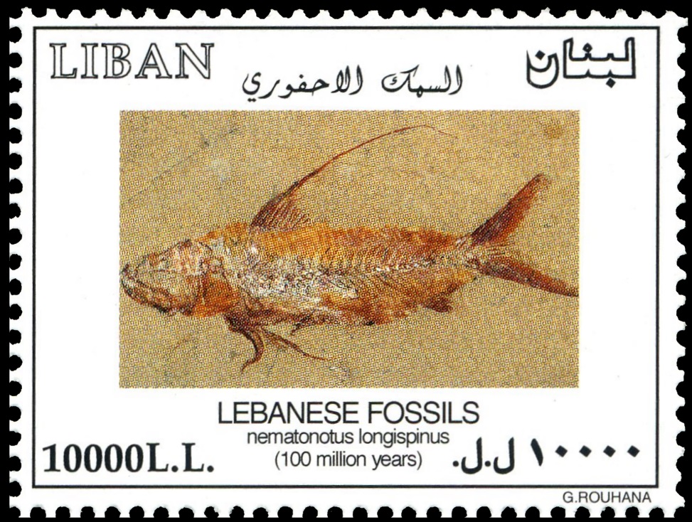 Fish fossil on stamp of Lebanon