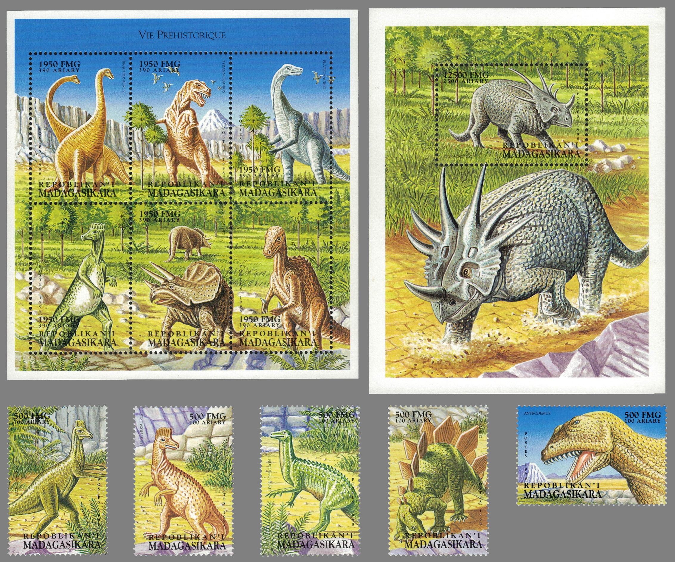 Dinosaurs and other prehistoric animals on stamps of Madagascar 1998