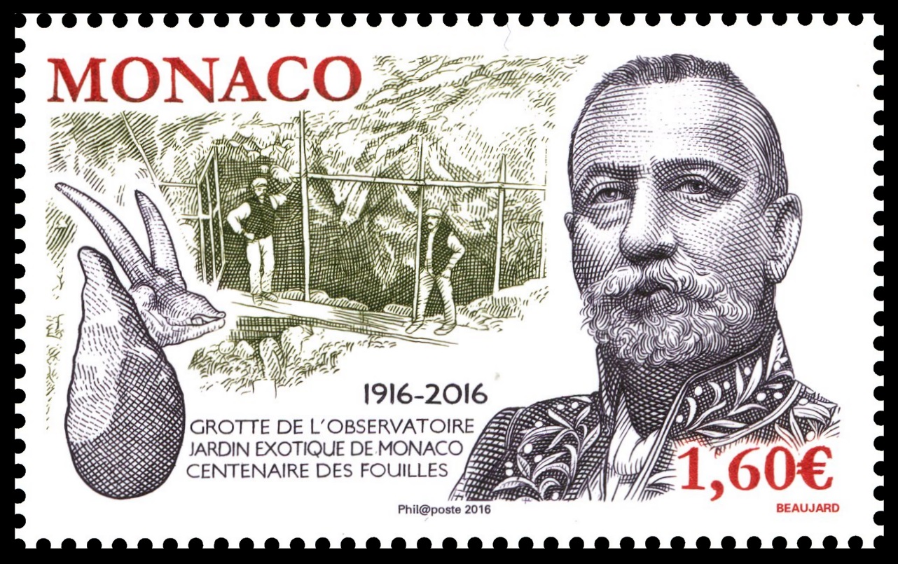 Prince AlbertI and excavation at Gargen cave on stamp of Monaco