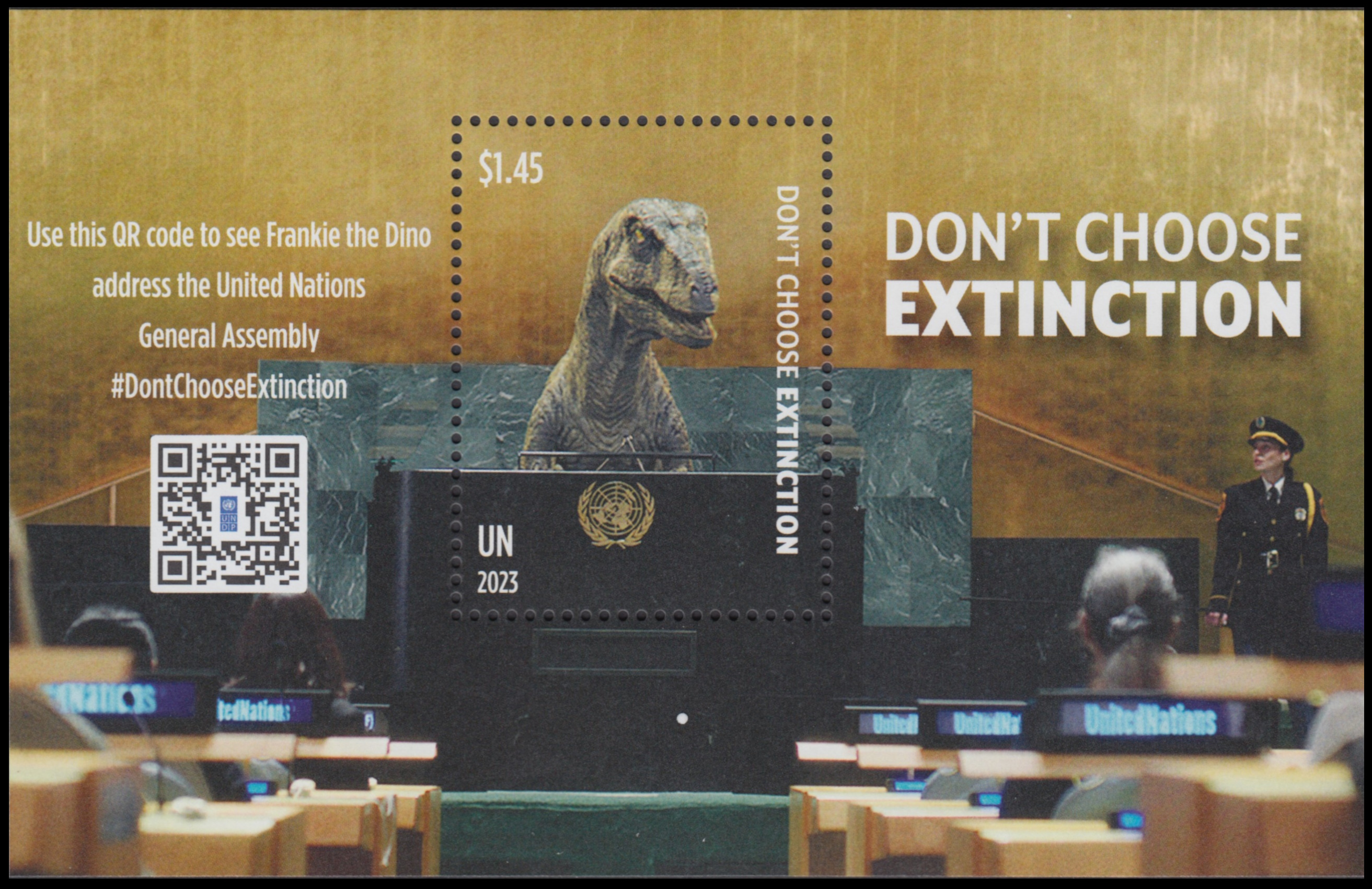 Dinosaur on Don’t Choose Extinction stamp of the UN