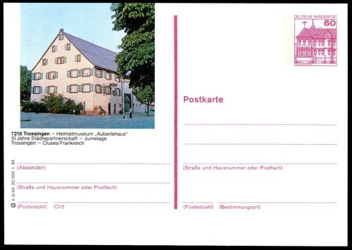 Auberlehaus Lore Museum in Trossingen on the cachet of German postal stationery 1984