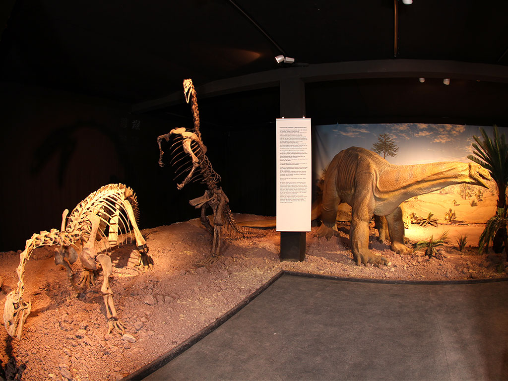 Skeleton of Plateosaurus trossingensis from collection of the Auberlehaus Lore Museum in Trossingen on postmark of Germany 1977