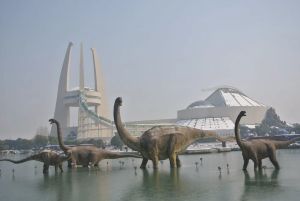 Life size dinosaur sculptures at Dinosaurs Park in Changzhou