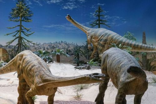 Reconstruction of Plateosaurus dinosaurs, based on the Trossingen's fossils, in their live environment in the State Museum of Natural History in Stuttgart