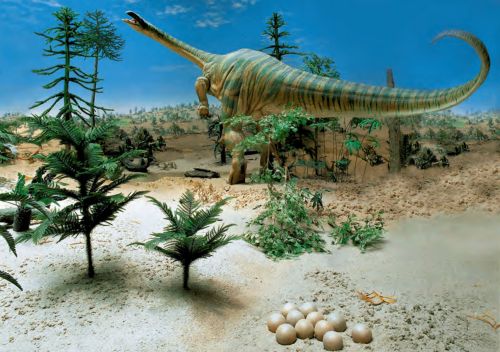 Reconstruction of Plateosaurus dinosaurs, based on the Trossingen's fossils, in their live environment in the State Museum of Natural History in Stuttgart