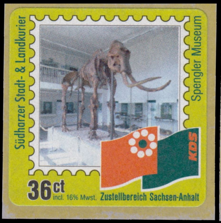 Steppe mammoth, Mammuthus trogontherii on stamp of local post company Suedharzer Stadt und Landkreiskurier of Germany 2003