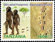 Hominid footprints on stamp