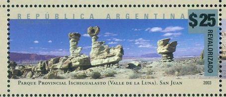 Landscape of Ischigualasto Natural Park on surcharged stamp of Argentina 2018
