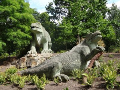 Statues in Crystal Palace Park based on the Maidstone specimen of Iguanodon, designed by Benjamin Waterhouse Hawkins, after restoration in 2002