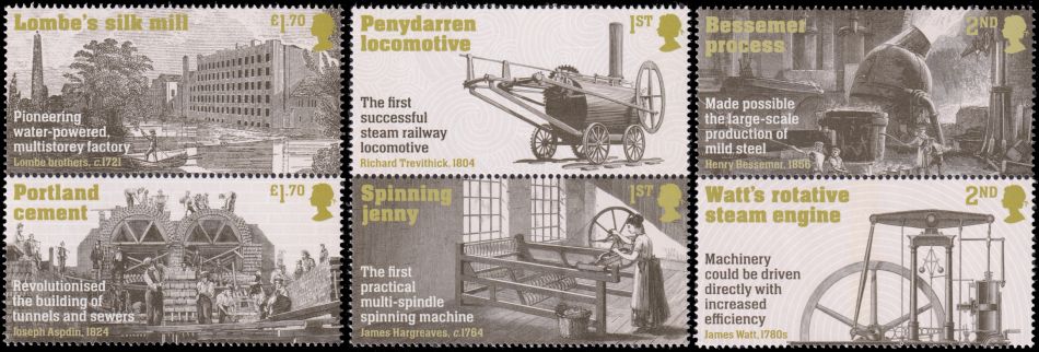 Landmark innovations and industries of the British Industrial Revolution depicted on Great Britain postage stamps issued in 2021. Landmark innovations and industries of the British Industrial Revolution depicted on Great Britain postage stamps issued in 2021.