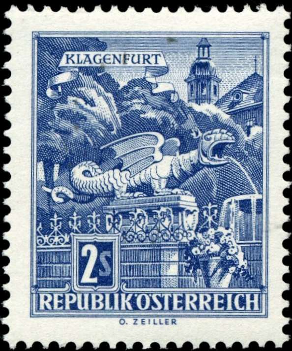 Fountain of Klagenfurt on stamp of Austria 1968