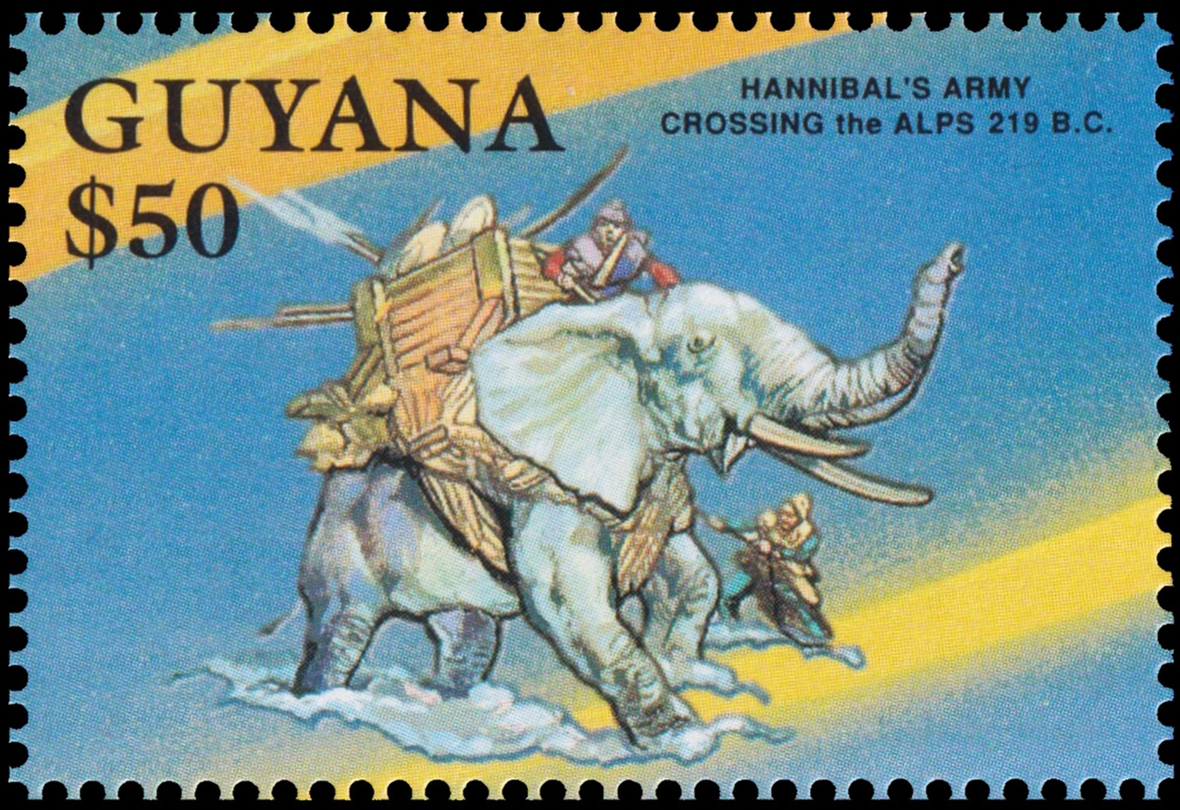 Hannibal's army crossing Alps on elephants on stamp of Guyana 1992 Hannibal's army crossing Alps on elephants on stamp of Guyana 1992