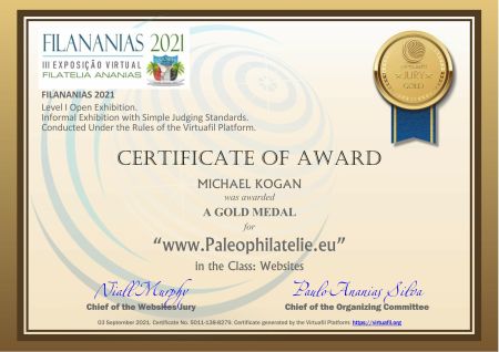Certificate of Award of Paleophilatelie website at FILANANIAS 2021 virtual philatelic show in Brazil