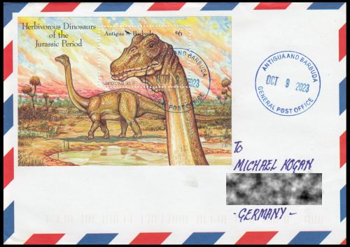 Regular letter from Antigua and Barbuda, with stamps of dinosaurs from 1992, sent to Germany