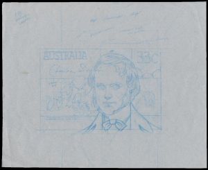 Sketch of Charles Darwin stamp, unadopted by Australian Post in 1986