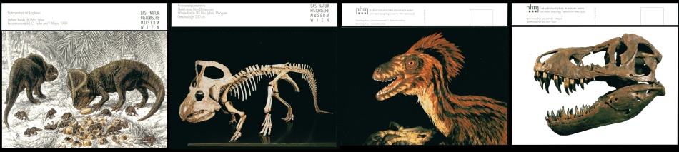 Dinosaurs on postcards of the Museum of Natural History in Vienna