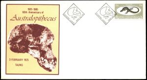 Australopithecus of Taung on special cover and postmark of Bophuthatswana 1985