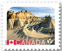 Fossil found site: Dinosaur Provincial Park in Alberta on stamp of Canada 2017