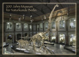 Mounted skeleton of Brachiosaurus in dinosaur hall of Natural History Museum in Berlin on post card of Germany 2010