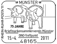 Sculptures of Triceratops in the front of Natural History Museum in Muenster on commemorative postmark of Germany 2011