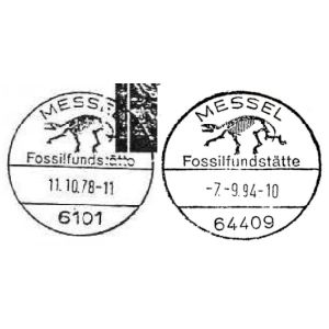 Prehistoric horse Propalaeotherium skeleton on postmark of Messel community in Germany