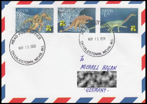 Regular letter from Nevis, with stamps of prehistoric animals from 2005, sent to Germany